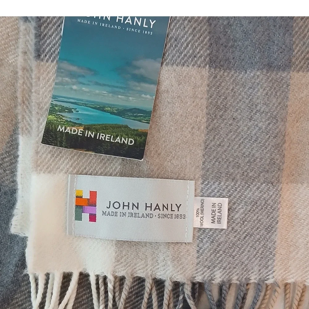 John Hanly Plaid Scarf Unisex OS Grey Tan 100% Merino Wool Made Ireland Fringe